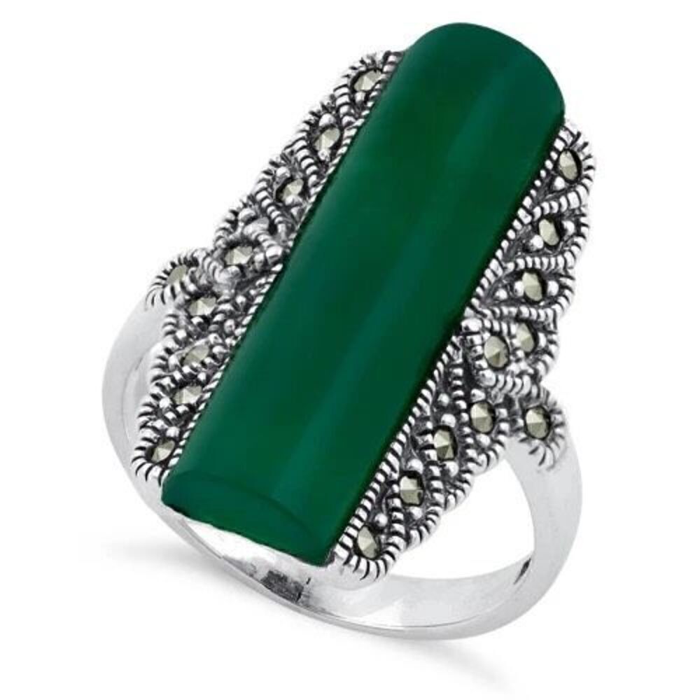Sterling Silver Green Agate Tall Marcasite Ring New Size 6